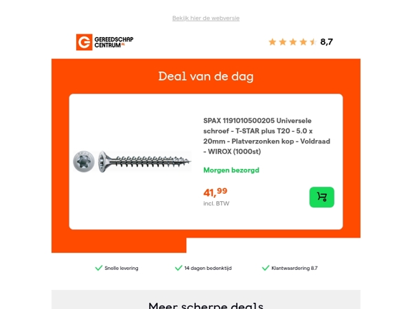 Deal van de dag: - 12% op SPAX 1191010500205 Universele schroef - T-STAR plus T20 - 5.0 x 20mm - Platverzonken kop - Voldraad - WIROX (1000st)