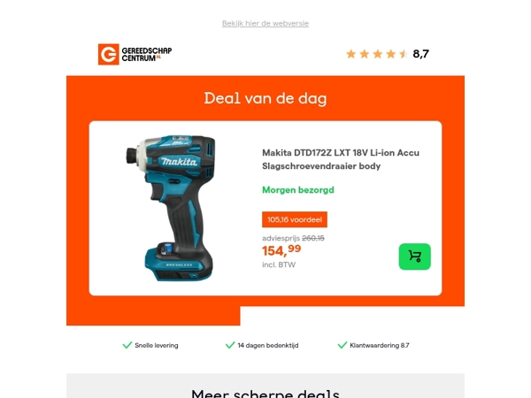 Deal van de dag: - 40% op Makita DTD172Z LXT 18V Li-ion Accu Slagschroevendraaier body