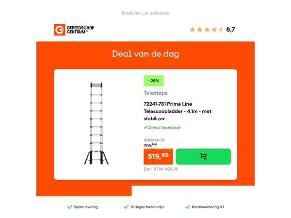 Deal van de dag: - 26% op Telesteps 72241-781 Prime Line Telescoopladder - 4.1m - met stabilizer