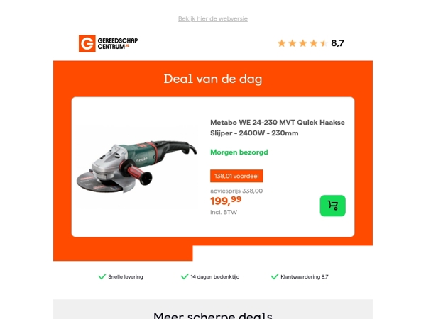 Deal van de dag: - 41% op Metabo WE 24-230 MVT Quick Haakse Slijper - 2400W - 230mm