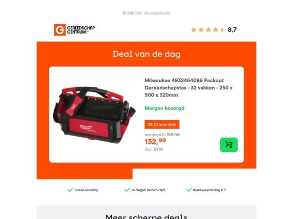 Deal van de dag: - 16% op Milwaukee 4932464086 Packout Gereedschapstas - 32 vakken - 250 x 500 x 320mm