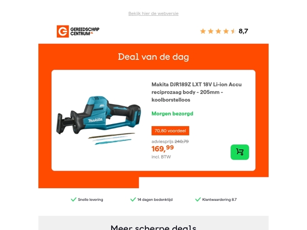 Deal van de dag: - 29% op Makita DJR189Z LXT 18V Li-ion Accu reciprozaag body - 205mm - koolborstelloos