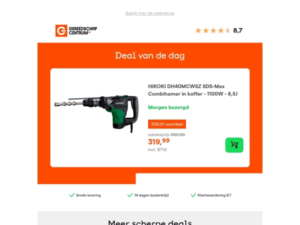 Deal van de dag: - 51% op HiKOKI DH40MCWSZ SDS-Max Combihamer in koffer - 1100W - 8,5J