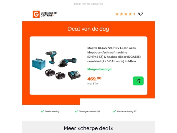 Deal van de dag: Makita DLX2272TJ 18V Li-Ion accu klopboor- /schroefmachine (DHP484Z) & haakse slijper (DGA513) combiset (2x 5.0Ah accu) in Mbox