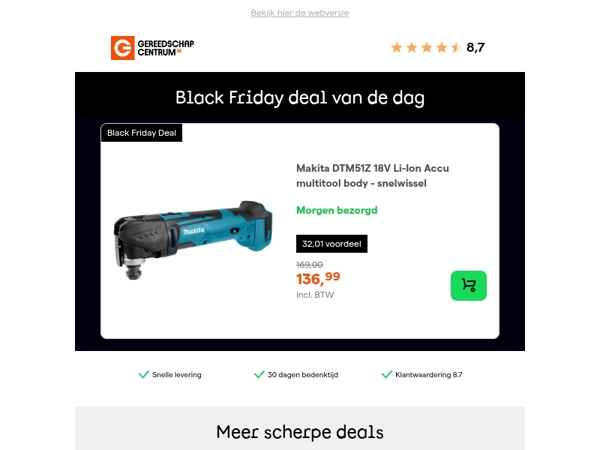Black Friday Deal van de dag: - 19% op Makita DTM51Z 18V Li-Ion Accu multitool body - snelwissel