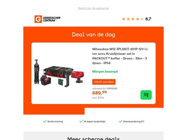 Deal van de dag: - 31% op Milwaukee M12 3PLSKIT-401P 12V Li-ion accu Kruislijnlaser set in PACKOUT™ koffer - Groen - 38m - 3 lijnen - IP54