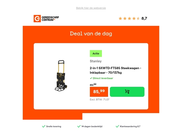 Deal van de dag: Stanley 2-in-1 SXWTD-FT585 Steekwagen - Inklapbaar - 70/137kg