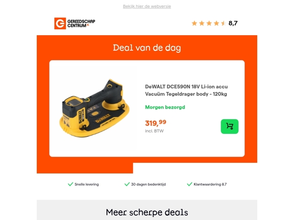 Deal van de dag: DeWALT DCE590N 18V Li-ion accu Vacuüm Tegeldrager body - 120kg