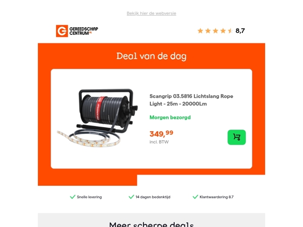 Deal van de dag: - 10% op Scangrip 03.5816 Lichtslang Rope Light - 25m - 20000Lm