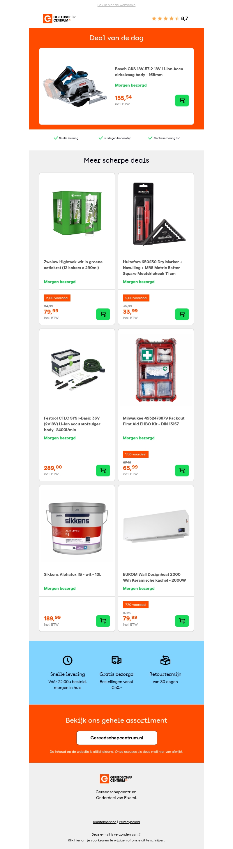 Deal van de dag: Bosch GKS 18V-57-2 18V Li-ion Accu cirkelzaag body - 165mm Deal van de dag: Bosch GKS 18V-57-2 18V Li-ion Accu cirkelzaag body - 165mm