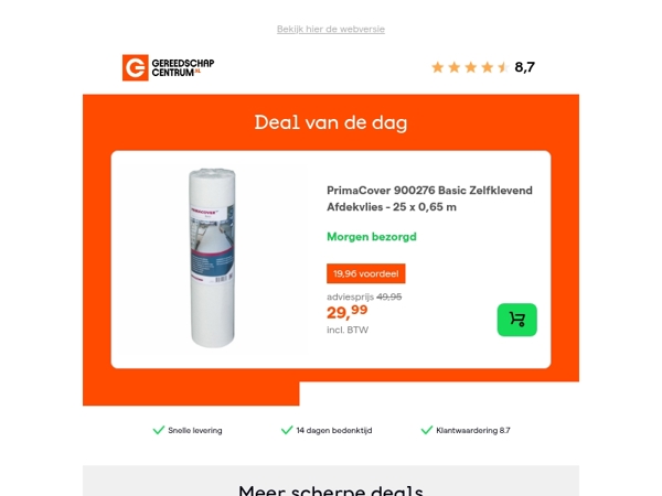Deal van de dag: - 40% op PrimaCover 900276 Basic Zelfklevend Afdekvlies - 25 x 0,65 m