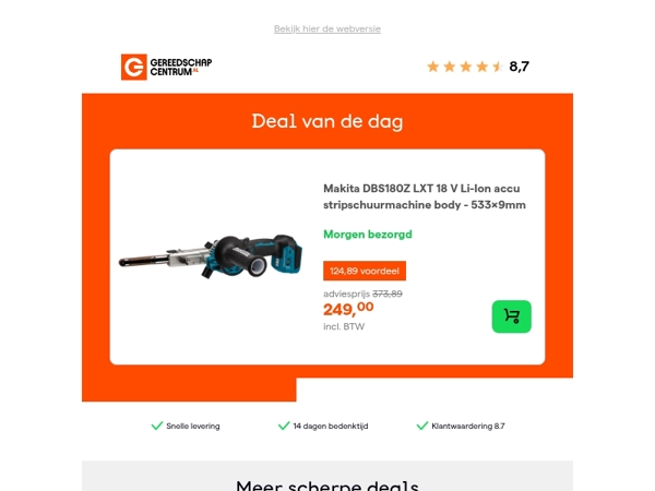 Deal van de dag: - 33% op Makita DBS180Z LXT 18 V Li-Ion accu stripschuurmachine body - 533x9mm
