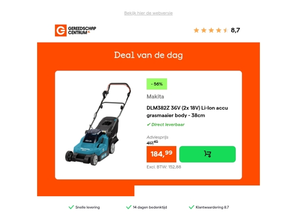 Deal van de dag: - 56% op Makita DLM382Z 36V (2x 18V) Li-Ion accu grasmaaier body - 38cm