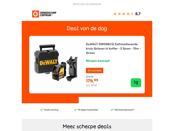 Deal van de dag: - 16% op DeWALT DW088CG Zelfnivellerende kruis lijnlaser in koffer - 2 lijnen - 15m - Groen