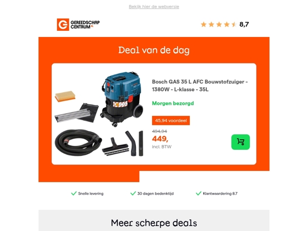 Deal van de dag: Bosch GAS 35 L AFC Bouwstofzuiger - 1380W - L-klasse - 35L