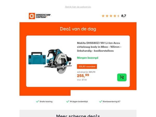 Deal van de dag: - 29% op Makita DHS680ZJ 18V Li-Ion Accu cirkelzaag body in Mbox - 165mm - linkshandig - koolborstelloos