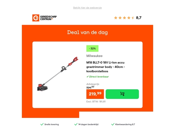 Deal van de dag: - 32% op Milwaukee M18 BLLT-0 18V Li-Ion accu grastrimmer body - 40cm - koolborstelloos