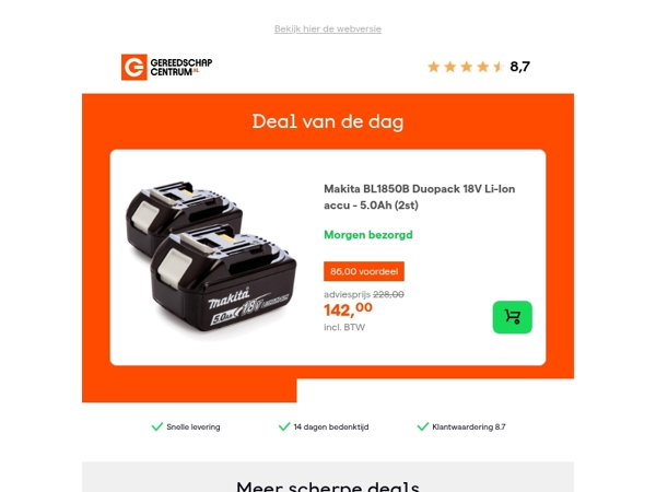 Deal van de dag: - 38% op Makita BL1850B Duopack 18V Li-Ion accu - 5.0Ah (2st)