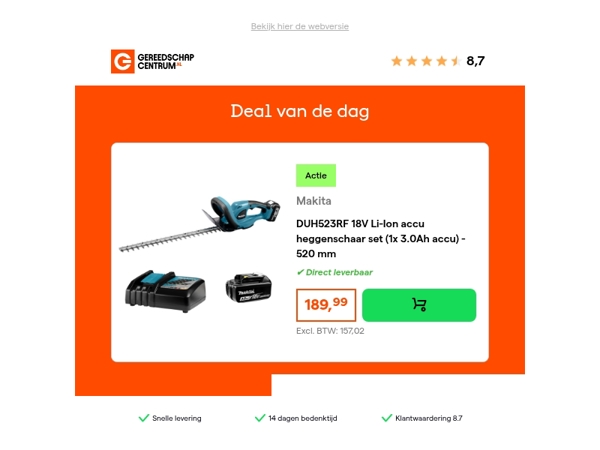 Deal van de dag: Makita DUH523RF 18V Li-Ion accu heggenschaar set (1x 3.0Ah accu) - 520 mm