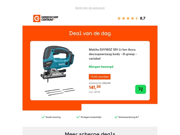 Deal van de dag: - 44% op Makita DJV180Z 18V Li-Ion Accu decoupeerzaag body - D-greep - variabel