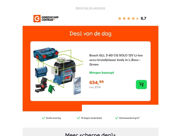 Deal van de dag: Bosch GLL 3-80 CG SOLO 12V Li-Ion accu kruislijnlaser body in L-Boxx - Groen