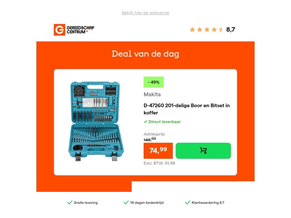 Deal van de dag: - 49% op Makita D-47260 201-delige Boor en Bitset in koffer
