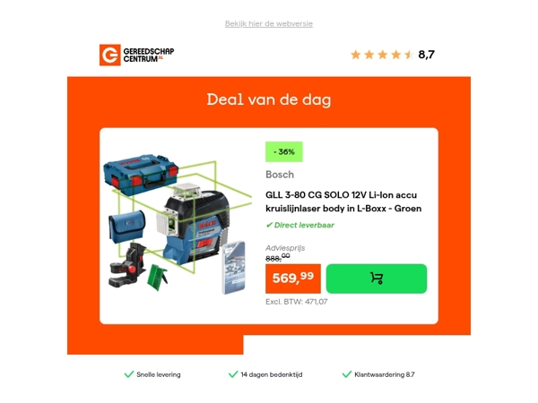 Deal van de dag: - 36% op Bosch GLL 3-80 CG SOLO 12V Li-Ion accu kruislijnlaser body in L-Boxx - Groen