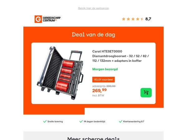 Deal van de dag: - 18% op Carat HTESET0000 Diamantdroogboorset - 32 / 52 / 82 / 112 / 132mm + adapters in koffer