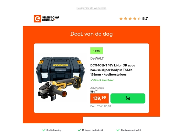 Deal van de dag: - 58% op DeWALT DCG405NT 18V Li-ion XR accu haakse slijper body in TSTAK - 125mm - koolborstelloos