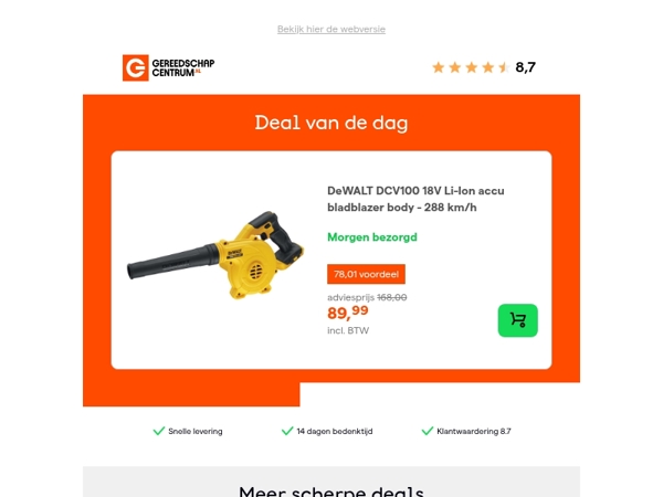 Deal van de dag: - 46% op DeWALT DCV100 18V Li-Ion accu bladblazer body - 288 km/h