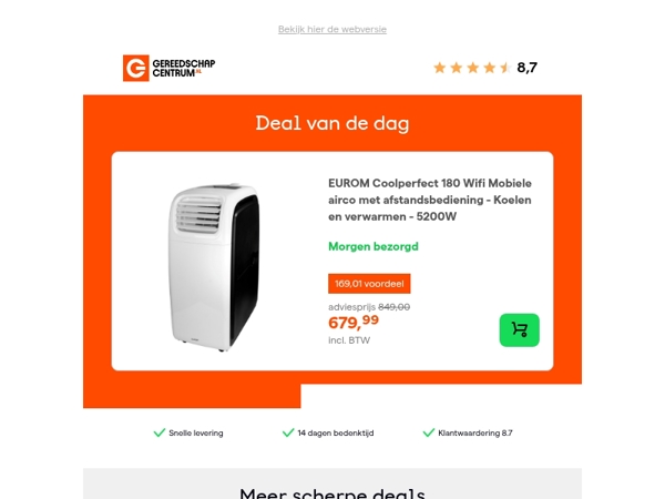 Deal van de dag: - 20% op EUROM Coolperfect 180 Wifi Mobiele airco met afstandsbediening - Koelen en verwarmen - 5200W