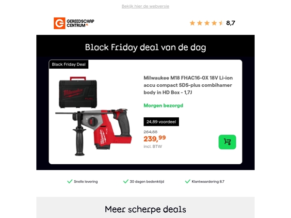 Black Friday Deal van de dag: Milwaukee M18 FHAC16-0X 18V Li-ion accu compact SDS-plus combihamer body in HD Box - 1,7J