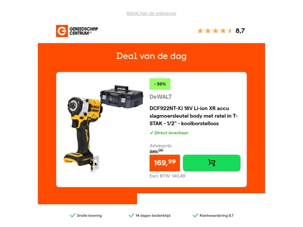 Deal van de dag: - 56% op DeWALT DCF922NT-XJ 18V Li-ion XR accu slagmoersleutel body met ratel in T-STAK - 1/2" - koolborstelloos
