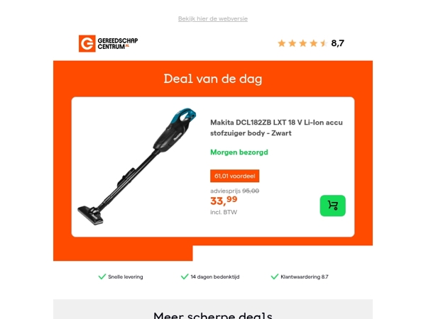 Deal van de dag: - 64% op Makita DCL182ZB LXT 18 V Li-Ion accu stofzuiger body - Zwart