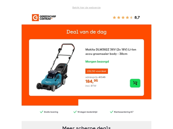Deal van de dag: - 56% op Makita DLM382Z 36V (2x 18V) Li-Ion accu grasmaaier body - 38cm