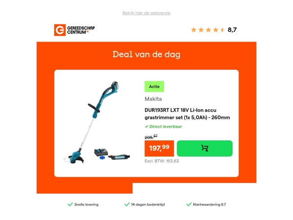 Deal van de dag: Makita DUR193RT LXT 18V Li-Ion accu grastrimmer set (1x 5,0Ah) - 260mm
