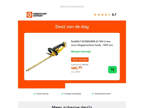 Deal van de dag: - 22% op DeWALT DCM563PB-XJ 18V Li-Ion accu Heggenschaar body - 550 mm