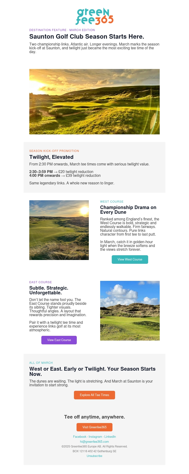 March at Saunton Golf Club — West & East, with twilight savings up to £39. March at Saunton Golf Club — West & East, with twilight savings up to £39.