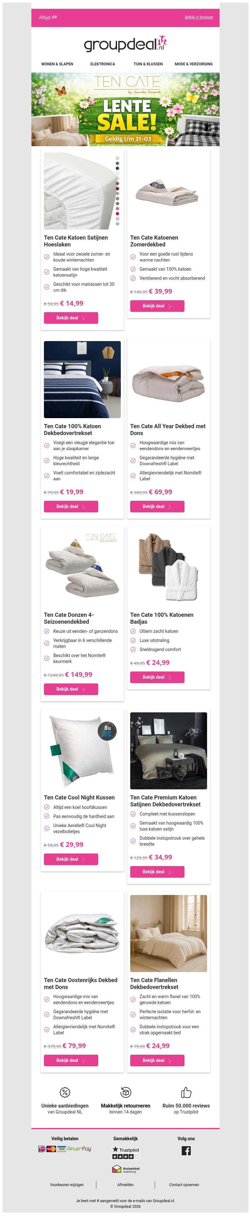 Ten Cate SALE: Profiteer van hoge kortingen op dekbedden, kussens en bedtextiel! Ten Cate SALE: Profiteer van hoge kortingen op dekbedden, kussens en bedtextiel!