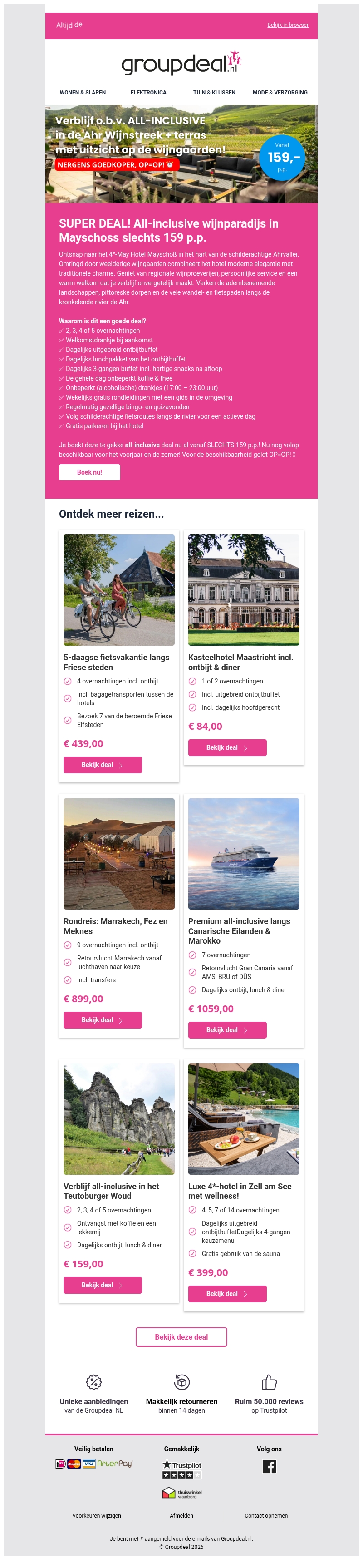 SUPER DEAL! β‘ All-inclusive wijnparadijs in Mayschoss slechts 159 p.p.! π± SUPER DEAL! β‘ All-inclusive wijnparadijs in Mayschoss slechts 159 p.p.! π±