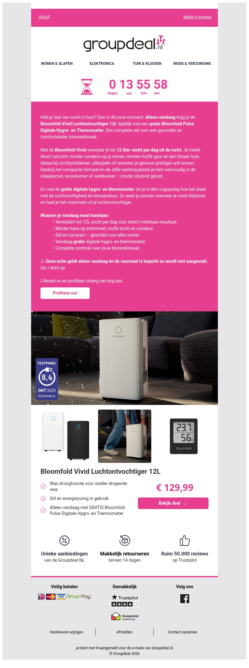 Dagdeal ⏰ Bloomfold Luchtonvochtiger met GRATIS hygrometer Dagdeal ⏰ Bloomfold Luchtonvochtiger met GRATIS hygrometer