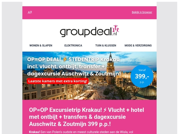 OP=OP Excursietrip Krakau! ⚡ Vlucht + hotel met ontbijt + transfers & dagexcursie Auschwitz & Zoutmijn 399 p.p.!