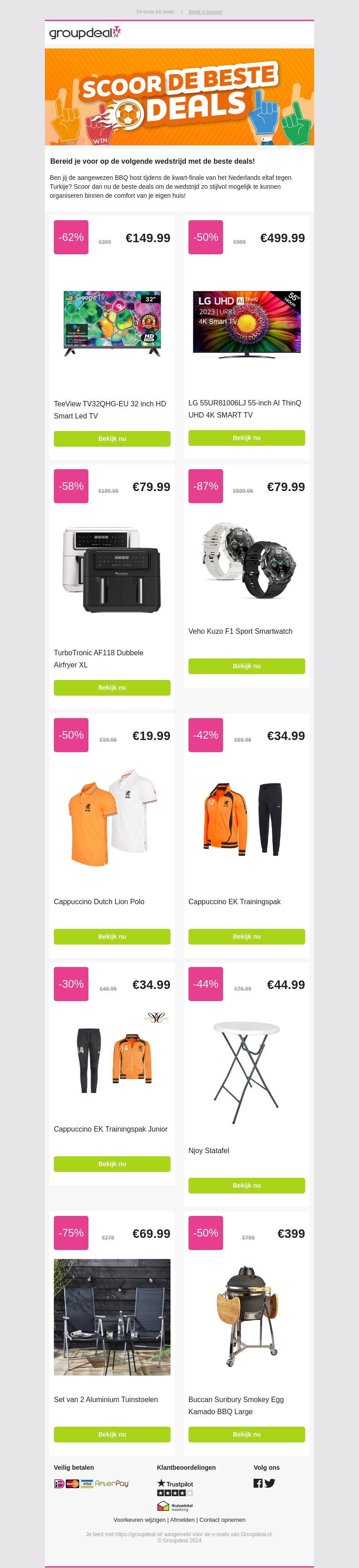 Scoor groot tijdens het EK ⚽ SMART TV's, fanitems, BBQ's en veel meer! Scoor groot tijdens het EK ⚽ SMART TV's, fanitems, BBQ's en veel meer!