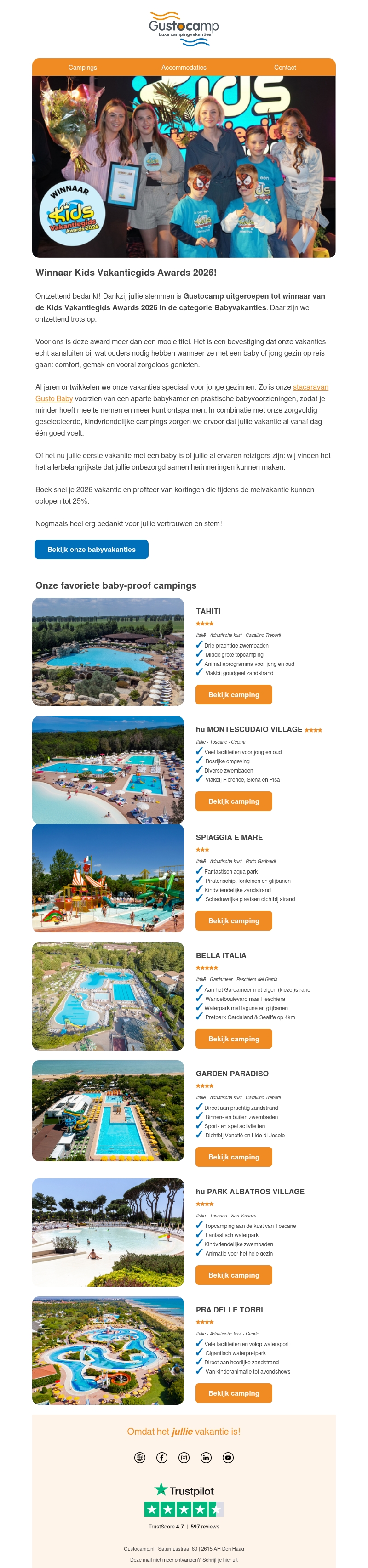 Gustocamp is de winnaar van de Kids Vakantiegids Awards 2026: Babyvakanties! Gustocamp is de winnaar van de Kids Vakantiegids Awards 2026: Babyvakanties!