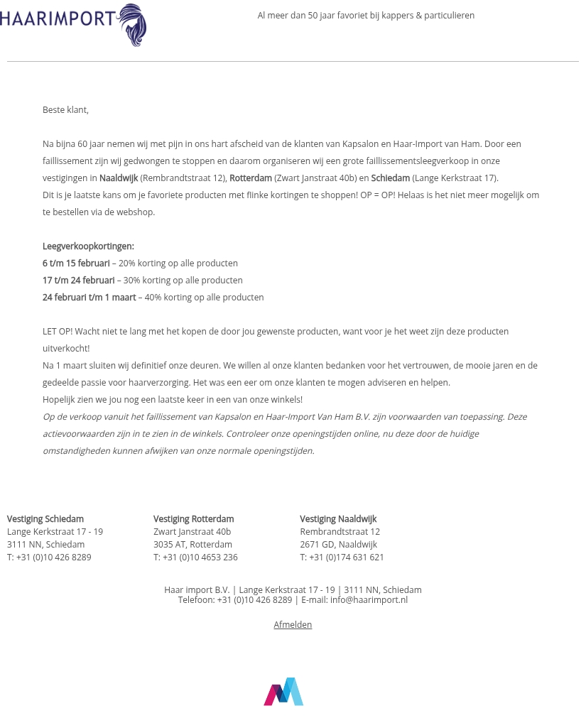 Faillissementsleegverkoop bij Haarimport – Tot 40% Korting! Faillissementsleegverkoop bij Haarimport – Tot 40% Korting!