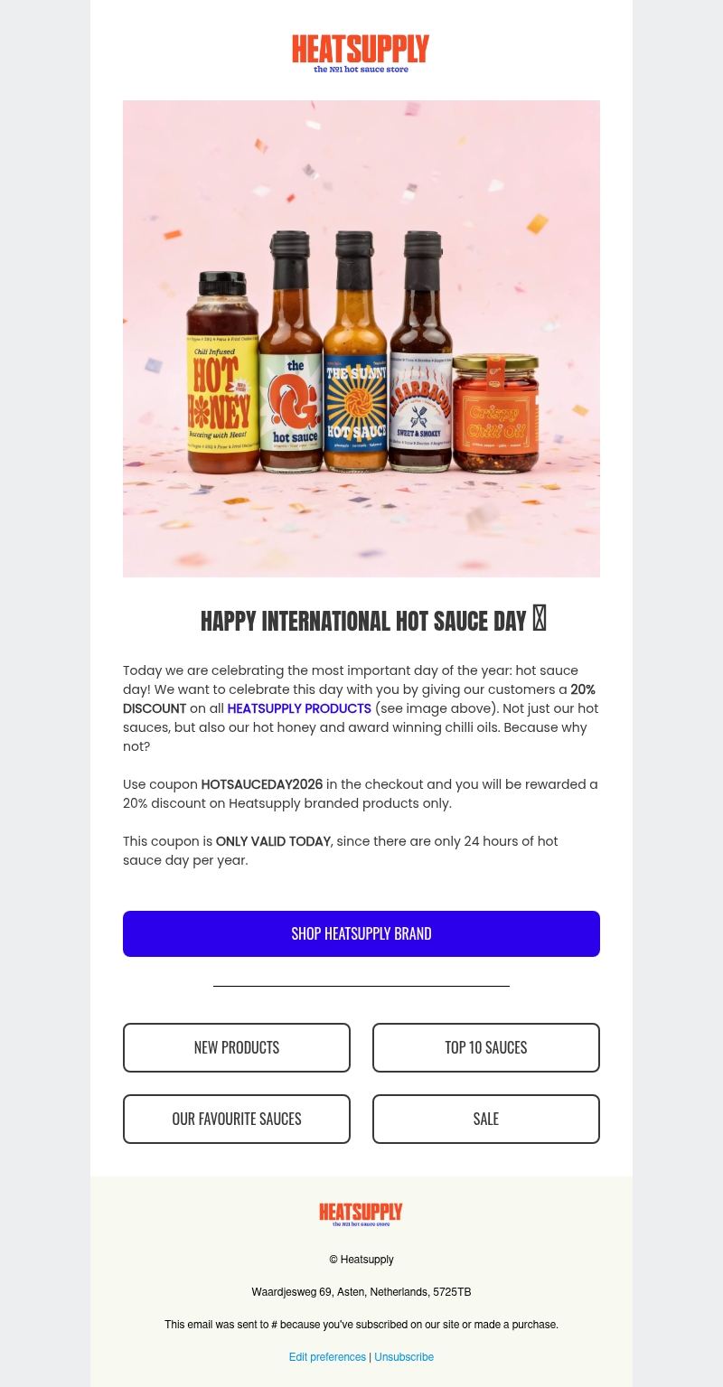 ONLY TODAY - 20% discount on HEATSUPPLY SAUCES🥳 ONLY TODAY - 20% discount on HEATSUPPLY SAUCES🥳