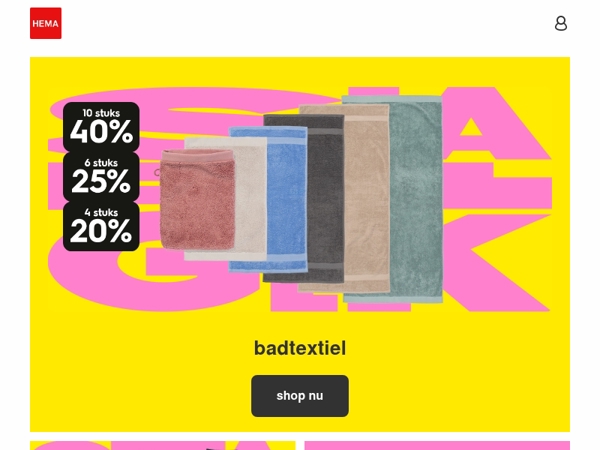stapel je gek: badtextiel 10 stuks 40%, 6 stuks 25%, 4 stuks 20% korting
