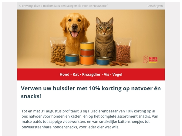 Verwen uw huisdier: 10% korting op natvoer en snacks voor honden en katten!