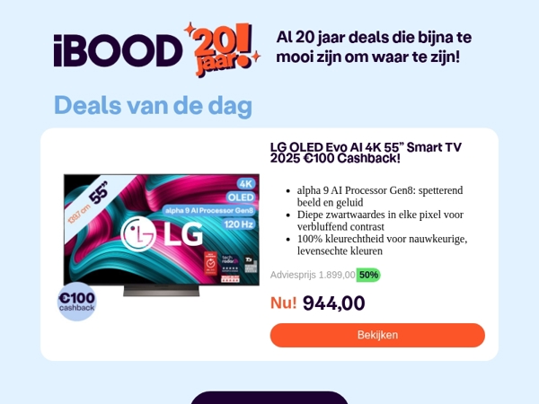 Nu: LG OLED Evo AI 4K 55” Smart TV 2025 €100 Cashback! voor slechts 944,00 !