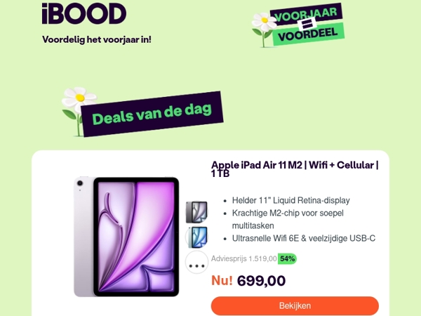 Nu: Apple iPad Air 11 M2 | Wifi + Cellular | 1 TB voor slechts 699,00 !